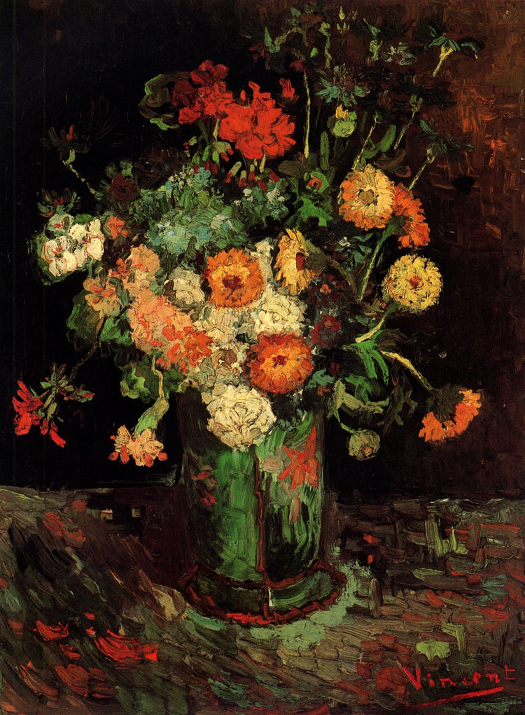 花瓶与百日菊和天竺葵 Vase with Zinnias and Geraniums (1886)，文森特·梵高