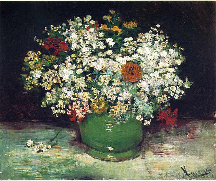 花瓶与百日菊和其他花卉 Vase with Zinnias and Other Flowers (1886; Paris,France  )，文森特·梵高