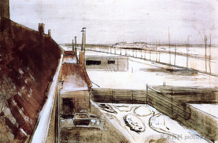 从冬天文森特画室的窗户看出去的风景 View from the Window of Vincent's Studio in Winter (1883)，文森特·梵高