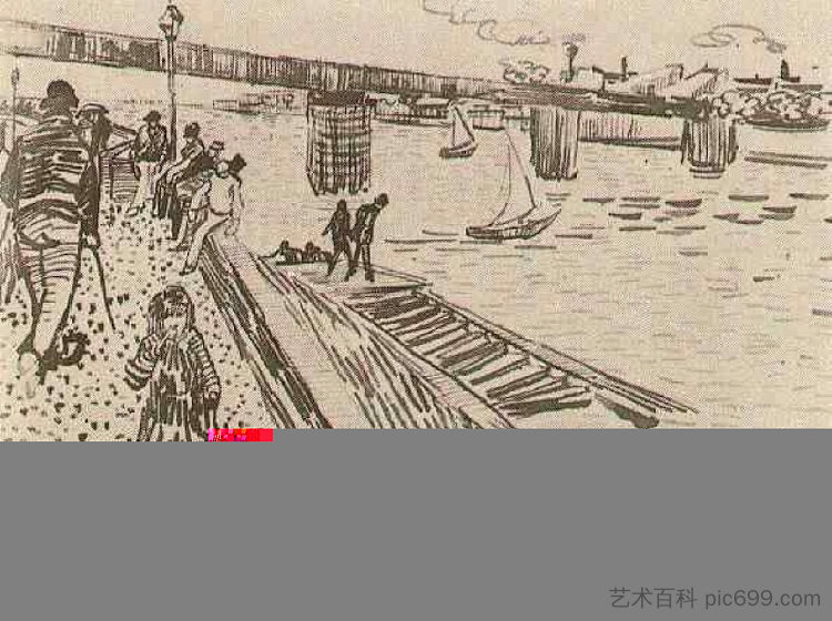 河流，码头和桥梁的景色 View of a River, Quay, and Bridge (1888; Arles,Bouches-du-Rhône,France  )，文森特·梵高