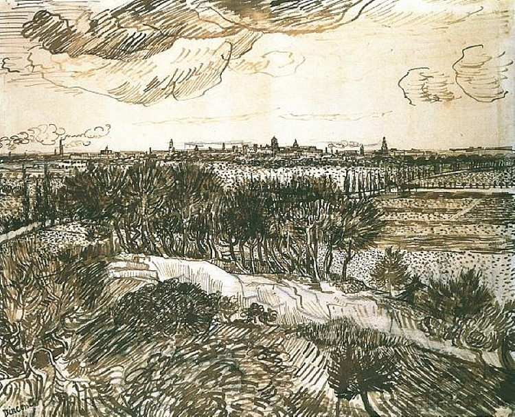 从山上看阿尔勒 View of Arles from a Hill (1888; Arles,Bouches-du-Rhône,France  )，文森特·梵高