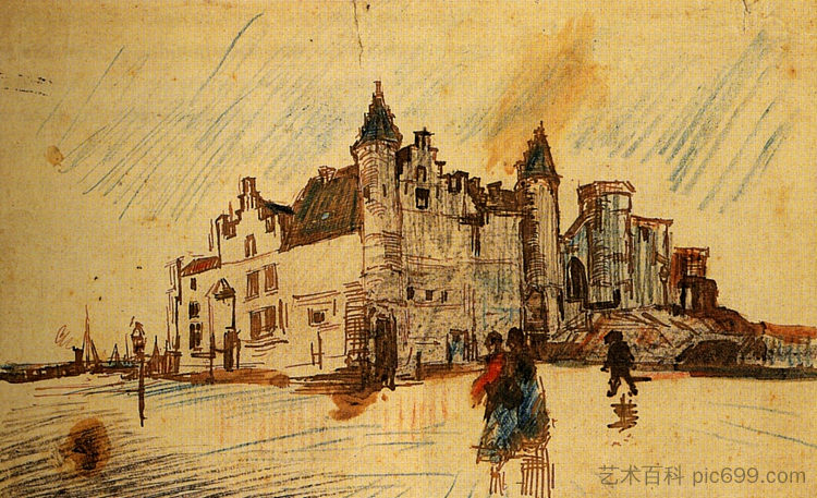 查看石头 View of Het Steen (1885; Antwerp,Belgium  )，文森特·梵高