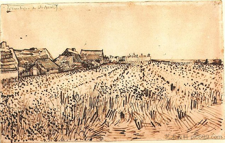 圣玛丽斯与公墓的景色 View of Saintes-Maries with Cemetery (1888; Saintes-maries-de-la-mer,France ),文森特·梵高