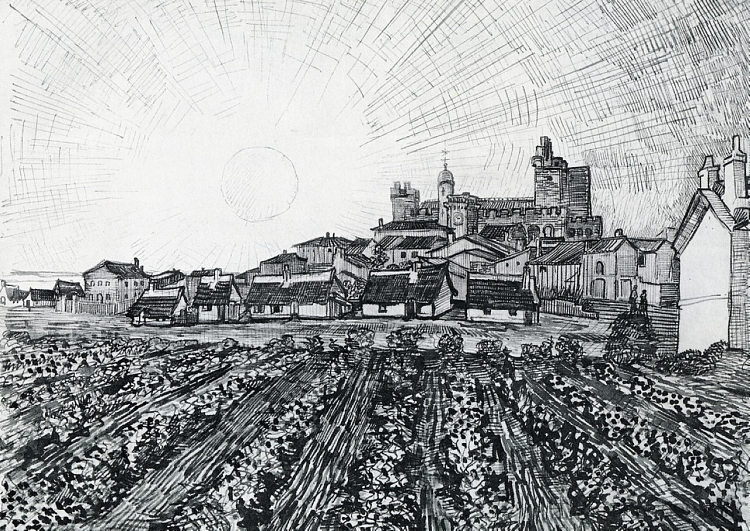 圣玛丽斯与教堂和城墙的景色 View of Saintes-Maries with Church and Ramparts (1888; Saintes-maries-de-la-mer,France  )，文森特·梵高