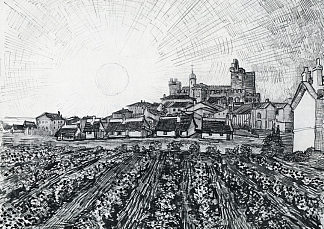 圣玛丽斯与教堂和城墙的景色 View of Saintes-Maries with Church and Ramparts (1888; Saintes-maries-de-la-mer,France                     )，文森特·梵高