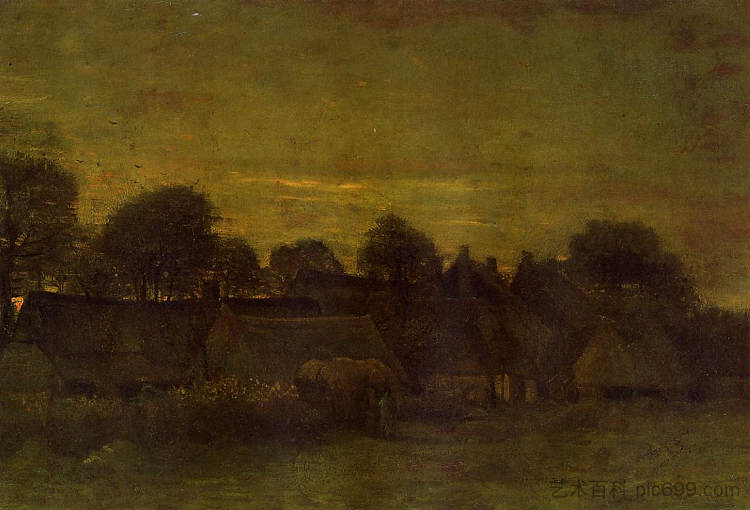 夕阳下的村庄 Village at sunset (1884; Nunen / Nuenen,Netherlands  )，文森特·梵高