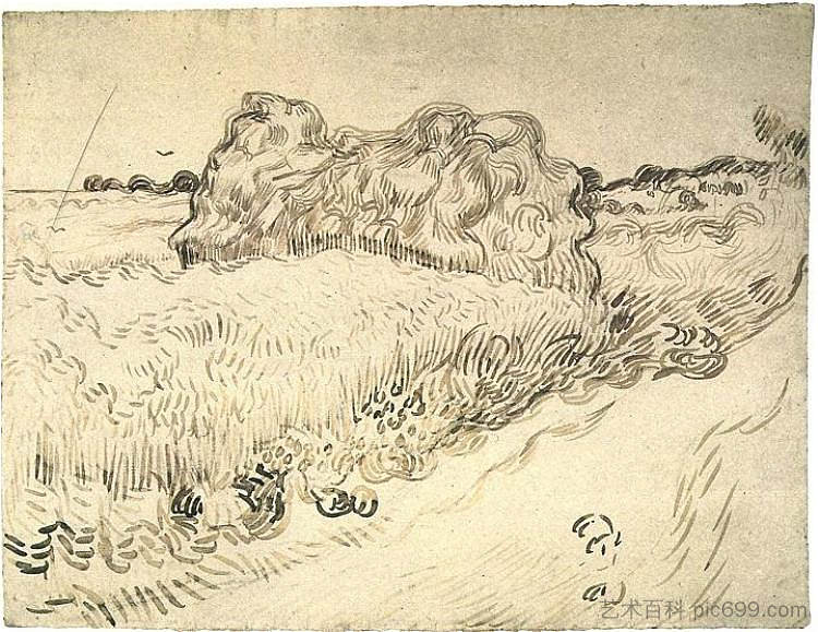 麦田与一堆小麦或干草 Wheat Field with a Stack of Wheat or Hay (1890; Auvers-sur-oise,France  )，文森特·梵高