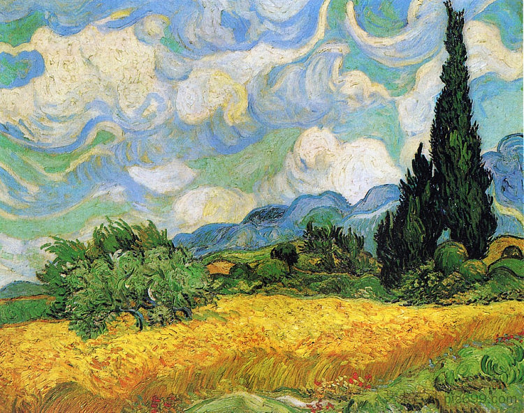 麦田与柏树在艾加利埃附近的豪德加林 Wheat Field with Cypresses at the Haude Galline near Eygalieres (1889; Saint-rémy-de-provence,France  )，文森特·梵高