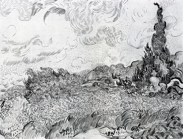 麦田与柏树在艾加利埃附近的豪德加林 Wheat Field with Cypresses at the Haude Galline near Eygalieres (1889; Saint-rémy-de-provence,France ),文森特·梵高
