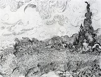 麦田与柏树在艾加利埃附近的豪德加林 Wheat Field with Cypresses at the Haude Galline near Eygalieres (1889; Saint-rémy-de-provence,France                     )，文森特·梵高