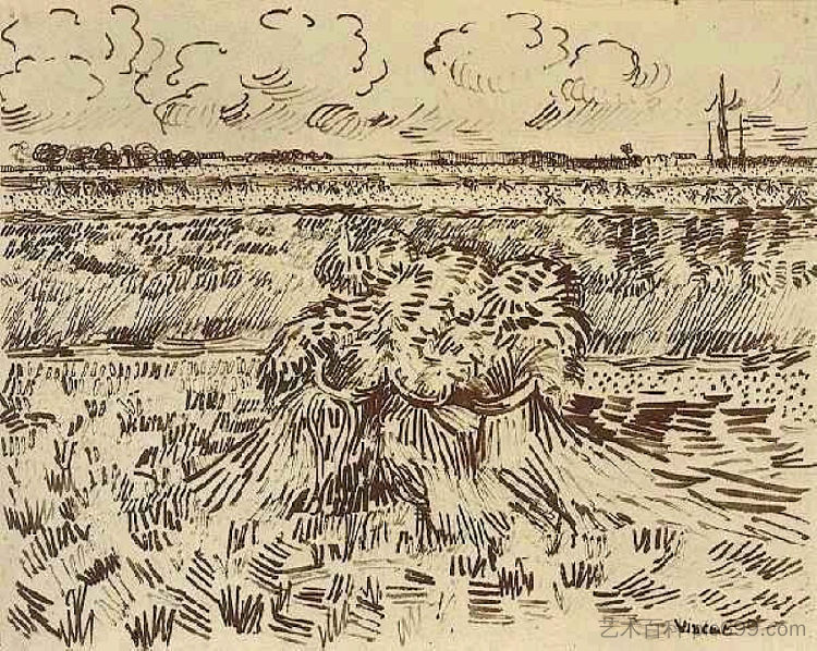 带滑轮的麦田 Wheat Field with Sheaves (1888; Arles,Bouches-du-Rhône,France  )，文森特·梵高