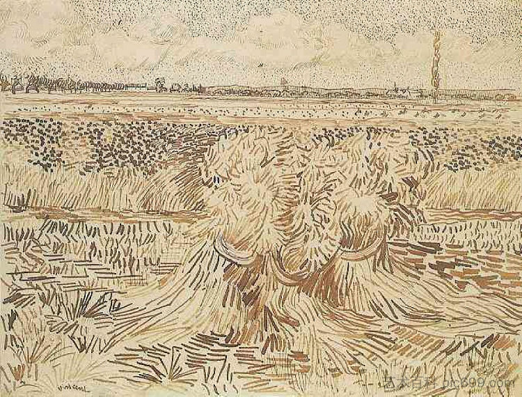 带滑轮的麦田 Wheat Field with Sheaves (1888; Arles,Bouches-du-Rhône,France  )，文森特·梵高