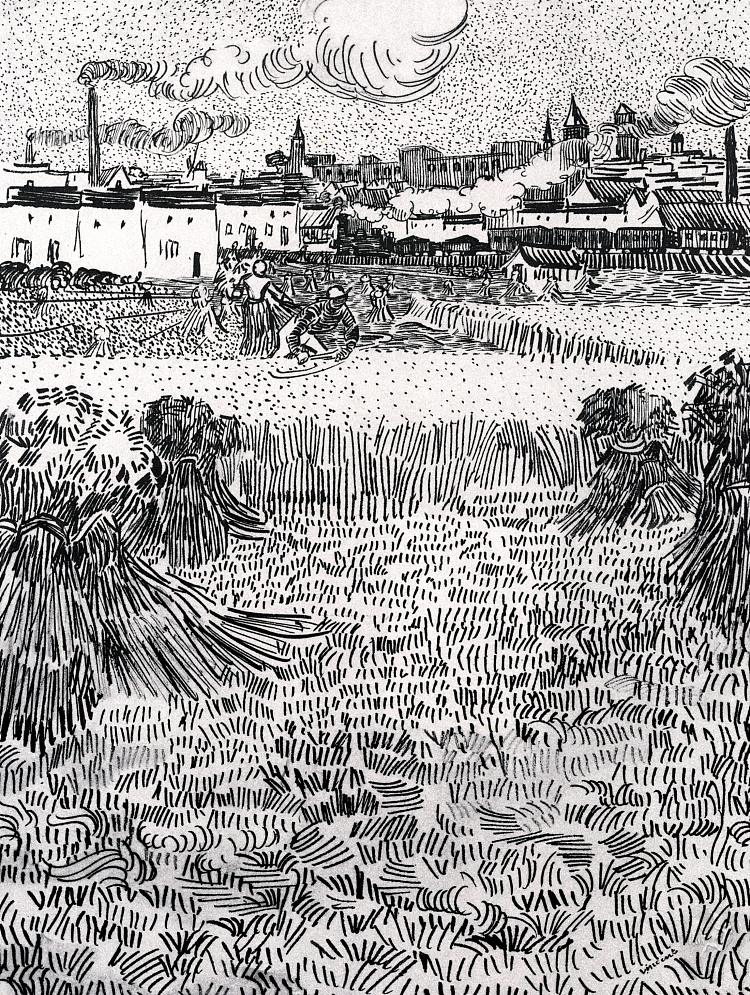 麦田与滑轮和阿尔勒为背景 Wheat Field with Sheaves and Arles in the Background (1888; Arles,Bouches-du-Rhône,France  )，文森特·梵高