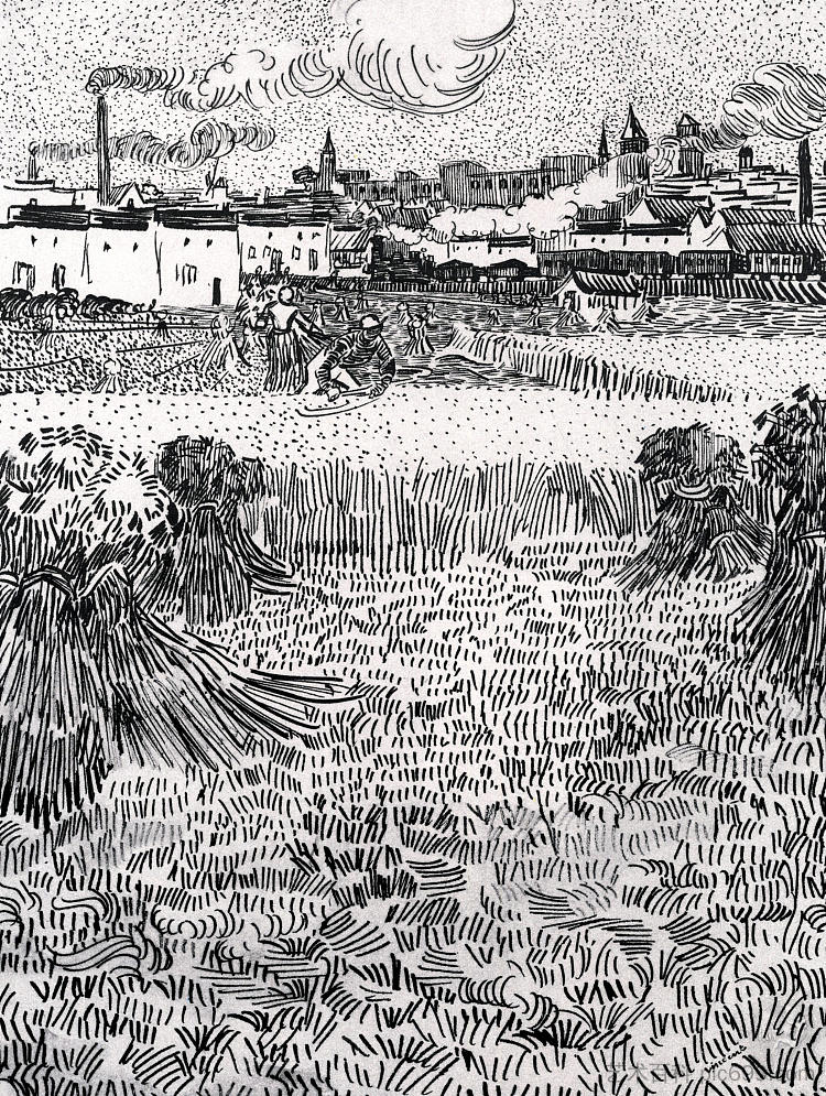 麦田与滑轮和阿尔勒为背景 Wheat Field with Sheaves and Arles in the Background (1888; Arles,Bouches-du-Rhône,France ),文森特·梵高