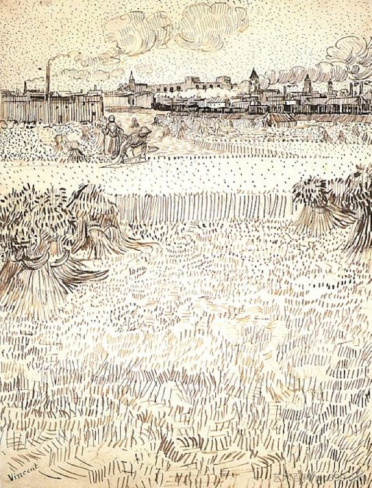 麦田与滑轮和阿尔勒为背景 Wheat Field with Sheaves and Arles in the Background (1888; Arles,Bouches-du-Rhône,France  )，文森特·梵高