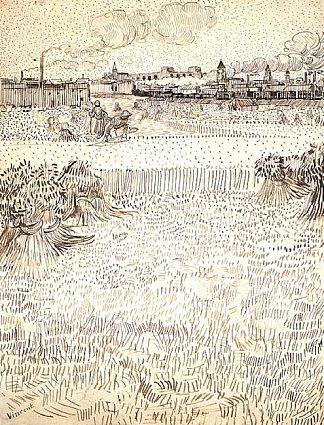 麦田与滑轮和阿尔勒为背景 Wheat Field with Sheaves and Arles in the Background (1888; Arles,Bouches-du-Rhône,France                     )，文森特·梵高