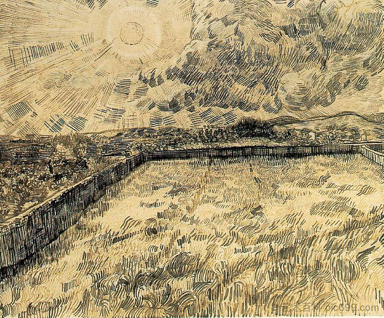 有阳光和云彩的麦田 Wheat field with sun and cloud (1889; Saint-rémy-de-provence,France  )，文森特·梵高