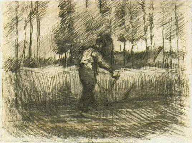 有树和割草机的麦田 Wheat Field with Trees and Mower (1885; Nunen / Nuenen,Netherlands  )，文森特·梵高