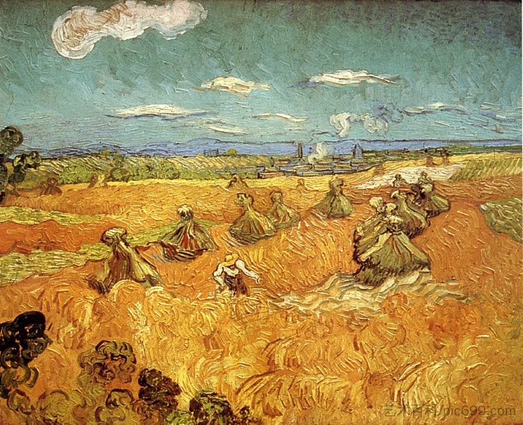 收割者的小麦堆 Wheat Stacks with Reaper (1888; Arles,Bouches-du-Rhône,France  )，文森特·梵高