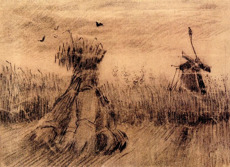 有木桩和磨的麦田 Wheatfield with a Stook and a Mill (1885; Nunen / Nuenen,Netherlands  )，文森特·梵高