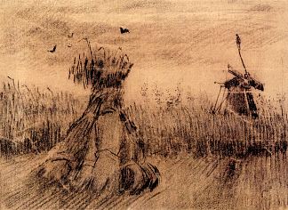 有木桩和磨的麦田 Wheatfield with a Stook and a Mill (1885; Nunen / Nuenen,Netherlands                     )，文森特·梵高