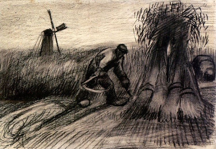 麦田里的收割机和农妇捆麦束 Wheatfield with Reaper and Peasant Woman Binding Sheaves (1885; Nunen / Nuenen,Netherlands  )，文森特·梵高