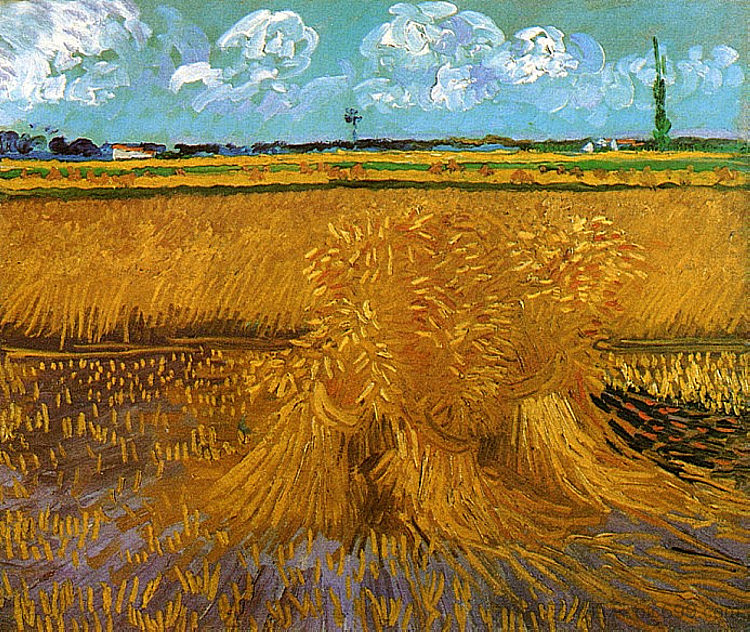 带滑轮的麦田 Wheatfield with Sheaves (1888; Arles,Bouches-du-Rhône,France  )，文森特·梵高