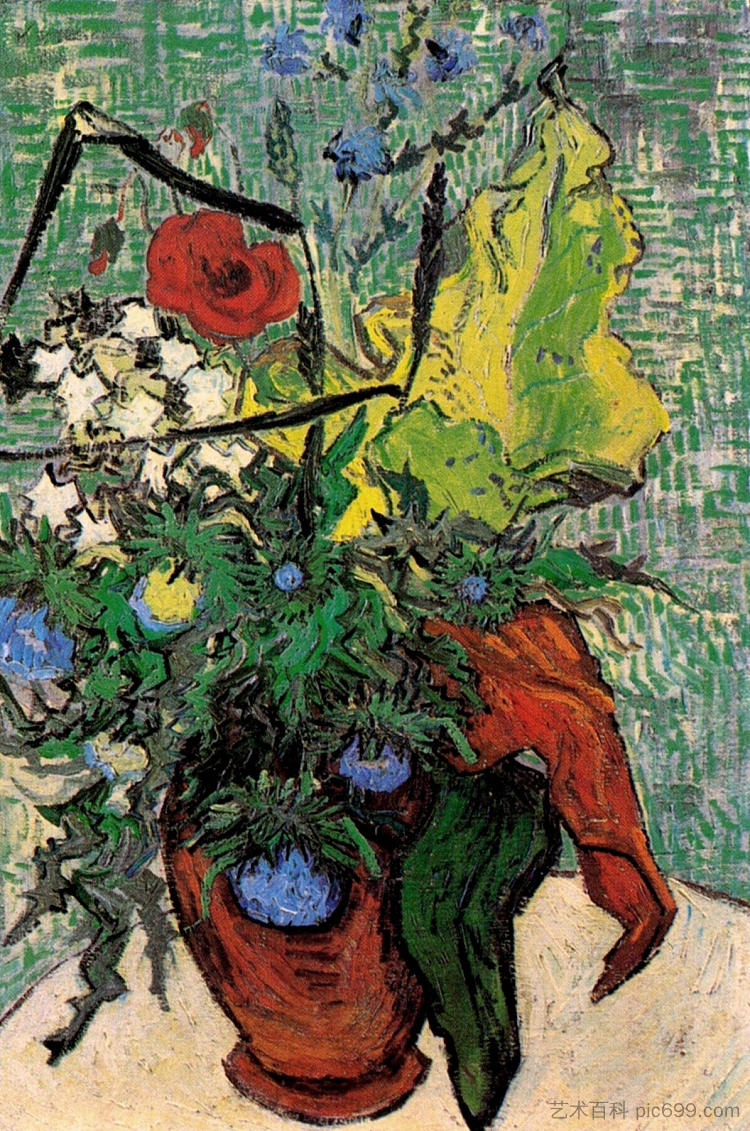 花瓶里的野花和蓟 Wild Flowers and Thistles in a Vase (1890; Auvers-sur-oise,France ),文森特·梵高
