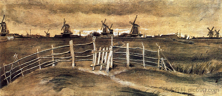 温德米尔斯和多德雷赫特 Windmils at Dordrecht (1881; Netherlands ),文森特·梵高