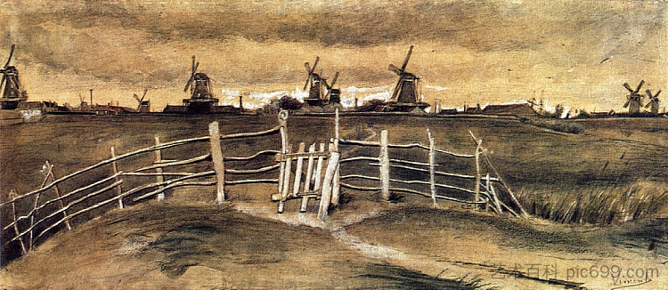 温德米尔斯和多德雷赫特 Windmils at Dordrecht (1881; Netherlands  )，文森特·梵高