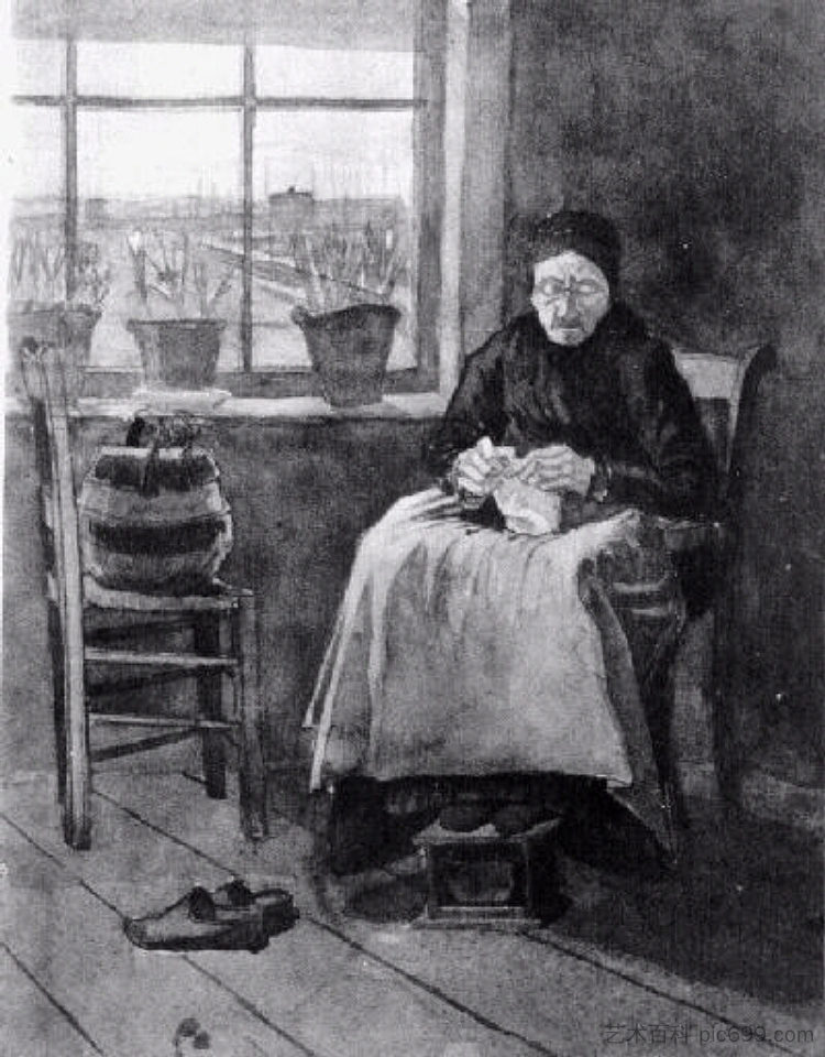 窗边的女人，织毛衣 Woman at the Window, Knitting (1882; Haag / Den Haag / La Haye / The Hague,Netherlands  )，文森特·梵高