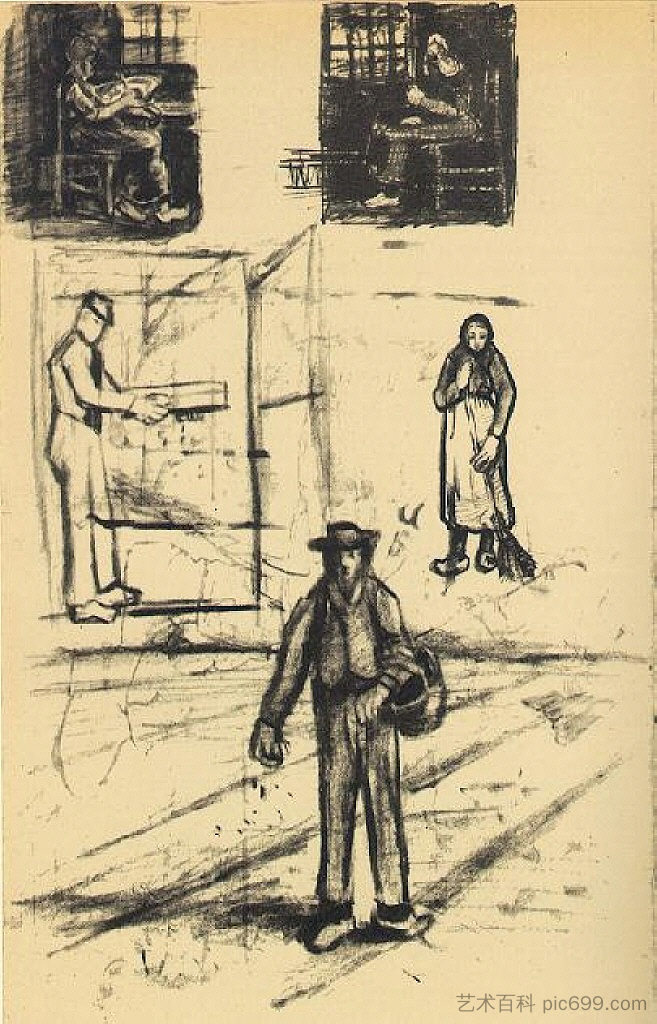 两次靠近窗户的女人,拿着风的男人,播种机和拿扫帚的女人 Woman near a Window twice, Man with Winnow, Sower, and Woman with Broom (1881),文森特·梵高