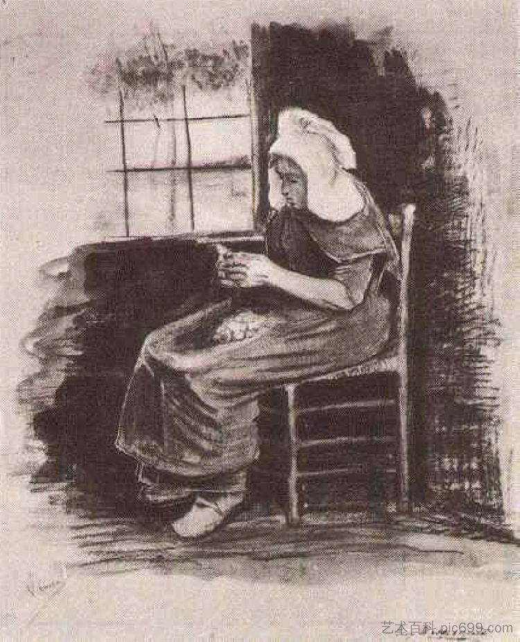 在窗边削土豆的女人 Woman Peeling Potatoes near a Window (1881; Netherlands  )，文森特·梵高