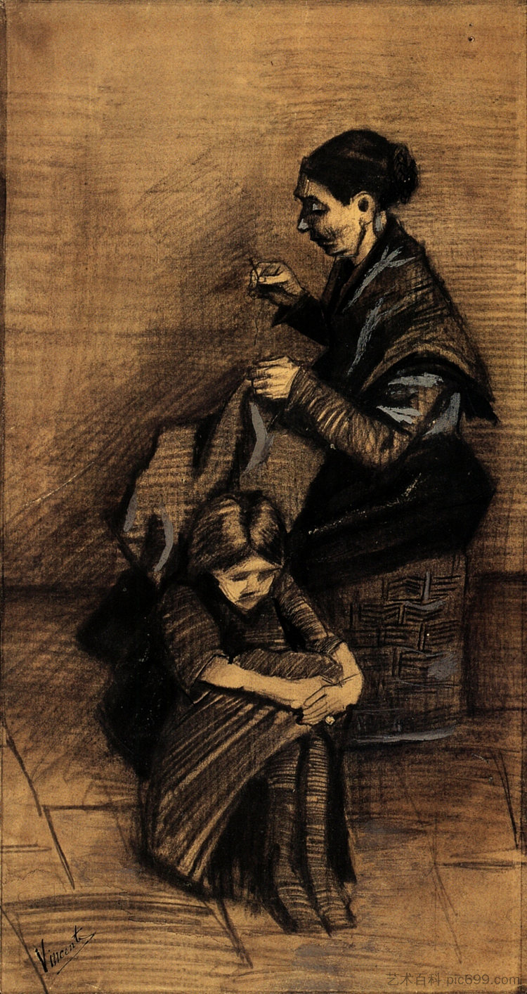 女人在缝纫，和一个女孩 Woman Sewing, with a Girl (1883; Haag / Den Haag / La Haye / The Hague,Netherlands  )，文森特·梵高