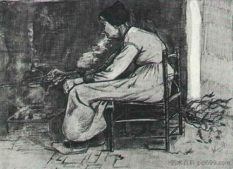 坐在炉边的女人 Woman Sitting at the Fireside (1881; Netherlands  )，文森特·梵高