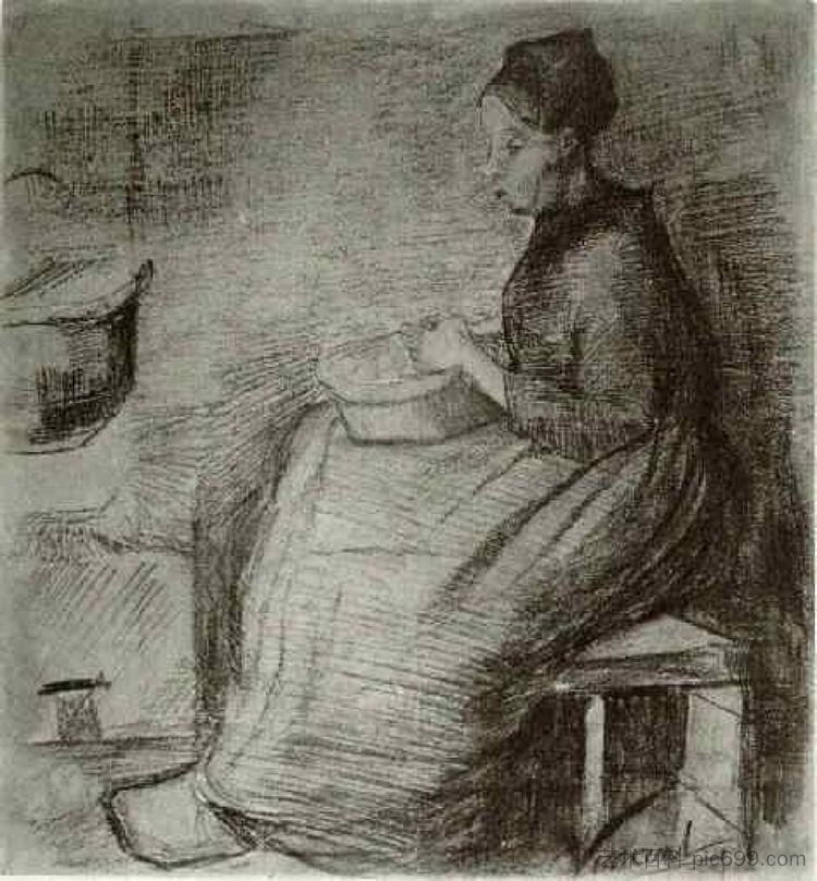 女人，坐在火边，削土豆 Woman, Sitting by the Fire, Peeling Potatoes (1885; Nunen / Nuenen,Netherlands  )，文森特·梵高