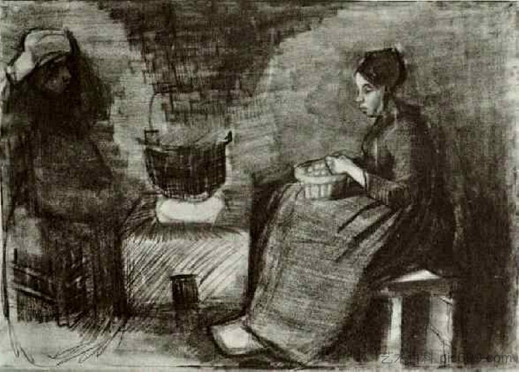 Woman, Sitting by the Fire, Peeling Potatoes, Sketch of a Second Figure Woman, Sitting by the Fire, Peeling Potatoes, Sketch of a Second Figure (1885; Nunen / Nuenen,Netherlands  )，文森特·梵高