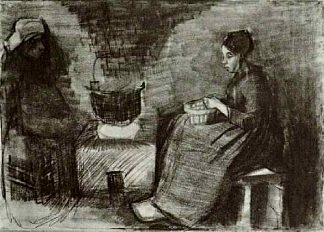 Woman, Sitting by the Fire, Peeling Potatoes, Sketch of a Second Figure Woman, Sitting by the Fire, Peeling Potatoes, Sketch of a Second Figure (1885; Nunen / Nuenen,Netherlands                     )，文森特·梵高