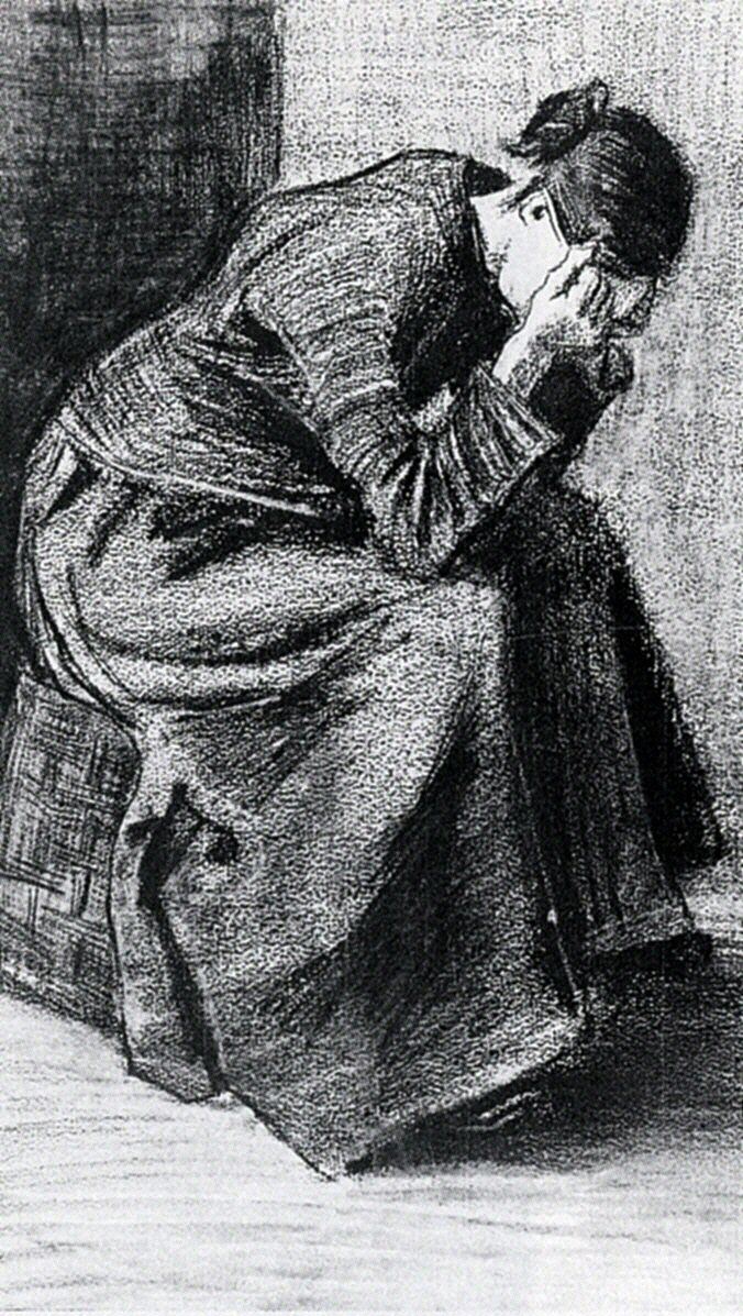 双手抱着头坐在篮子上的女人 Woman Sitting on a Basket with Head in Hands (1883; Haag / Den Haag / La Haye / The Hague,Netherlands  )，文森特·梵高