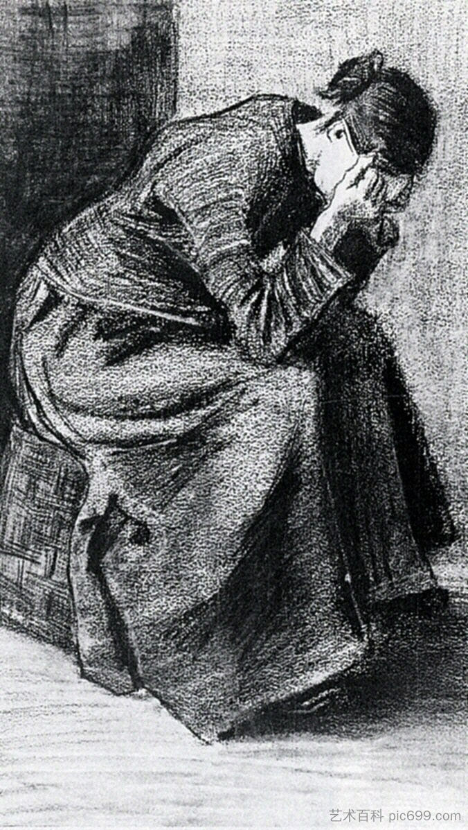 双手抱着头坐在篮子上的女人 Woman Sitting on a Basket with Head in Hands (1883; Haag / Den Haag / La Haye / The Hague,Netherlands ),文森特·梵高