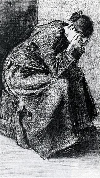 双手抱着头坐在篮子上的女人 Woman Sitting on a Basket with Head in Hands (1883; Haag / Den Haag / La Haye / The Hague,Netherlands                     )，文森特·梵高