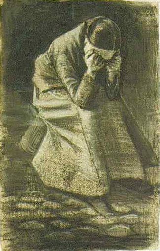 双手抱着头坐在篮子上的女人 Woman Sitting on a Basket with Head in Hands (c.1881; Netherlands                     )，文森特·梵高