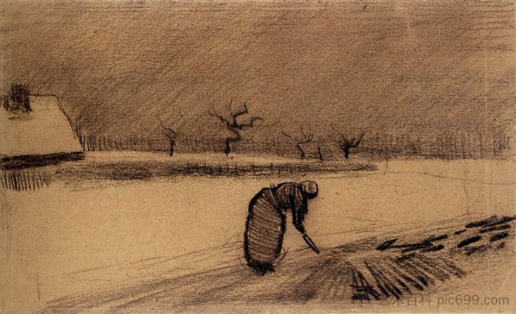 冬日风景中拿着叉子的女人 Woman with a Fork in a Winter Landscape (1883; Nunen / Nuenen,Netherlands  )，文森特·梵高