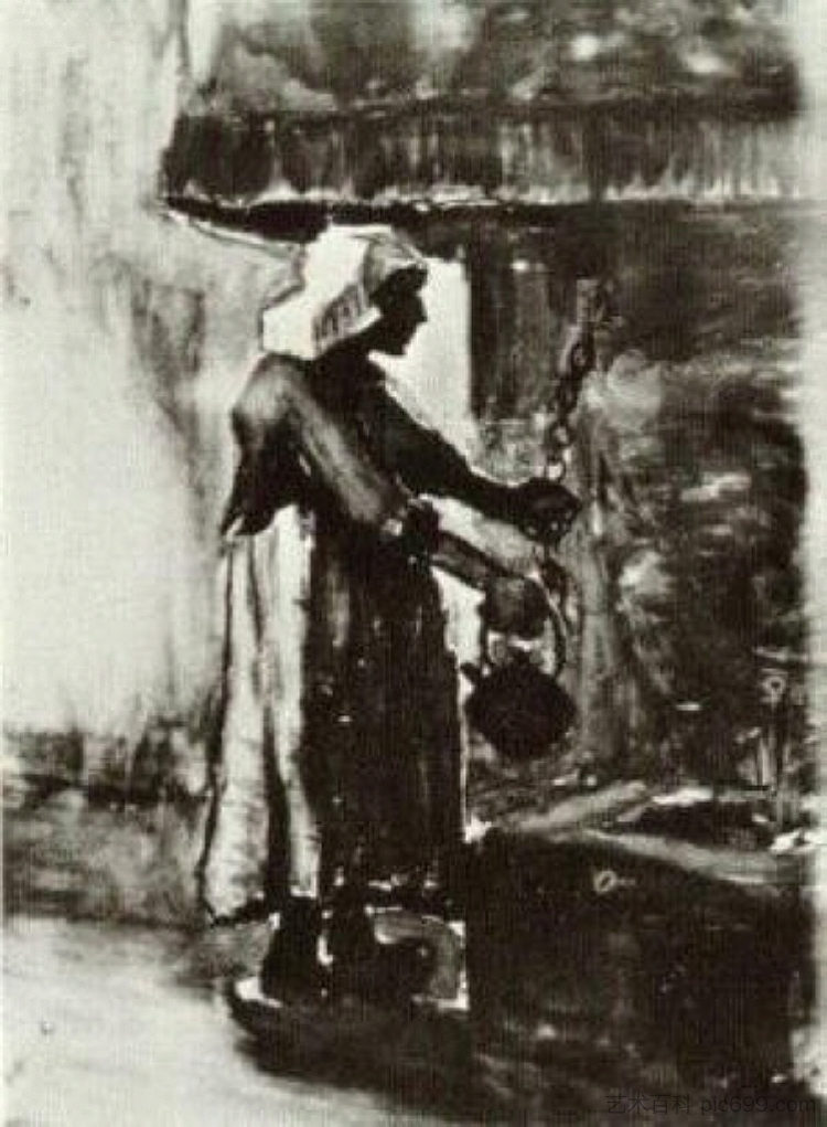 壁炉边拿水壶的女人 Woman with Kettle by the Fireplace (1885; Nunen / Nuenen,Netherlands  )，文森特·梵高