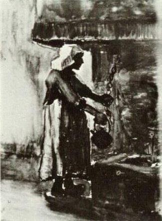 壁炉边拿水壶的女人 Woman with Kettle by the Fireplace (1885; Nunen / Nuenen,Netherlands                     )，文森特·梵高