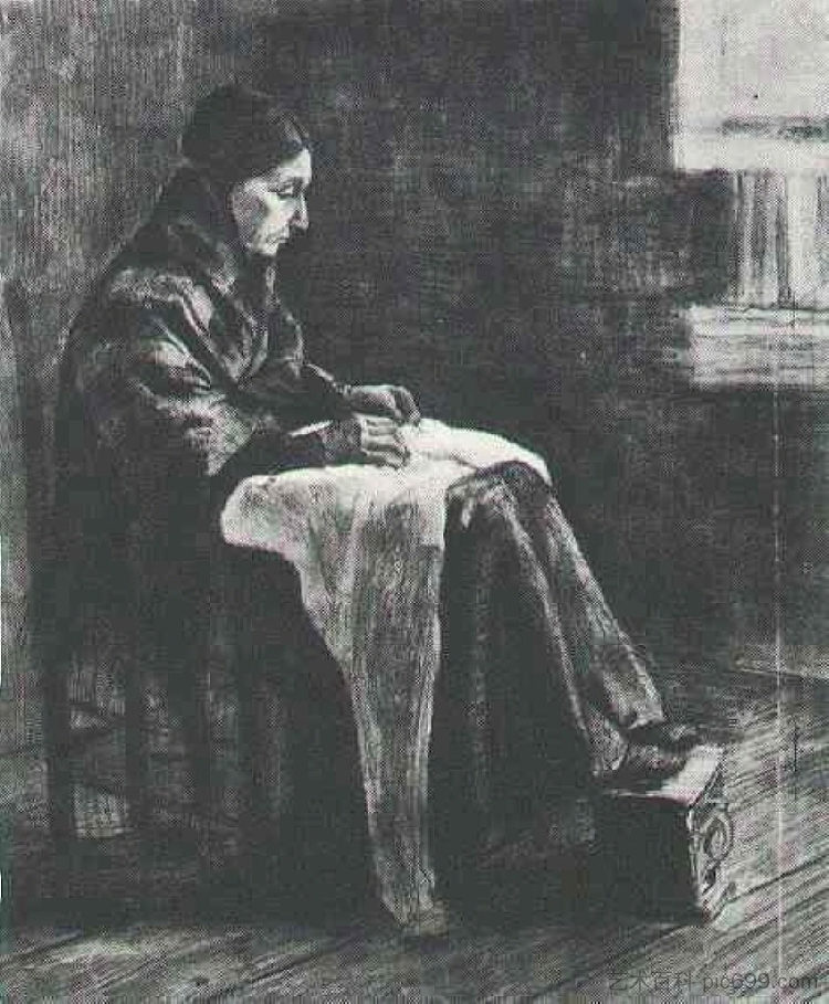 拿着披肩的女人在缝纫 Woman with Shawl, Sewing (1883; Haag / Den Haag / La Haye / The Hague,Netherlands  )，文森特·梵高