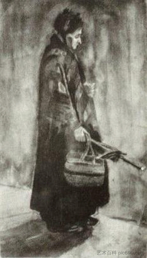 Woman with Shawl, Umbrella and Basket Woman with Shawl, Umbrella and Basket (1882; Haag / Den Haag / La Haye / The Hague,Netherlands  )，文森特·梵高