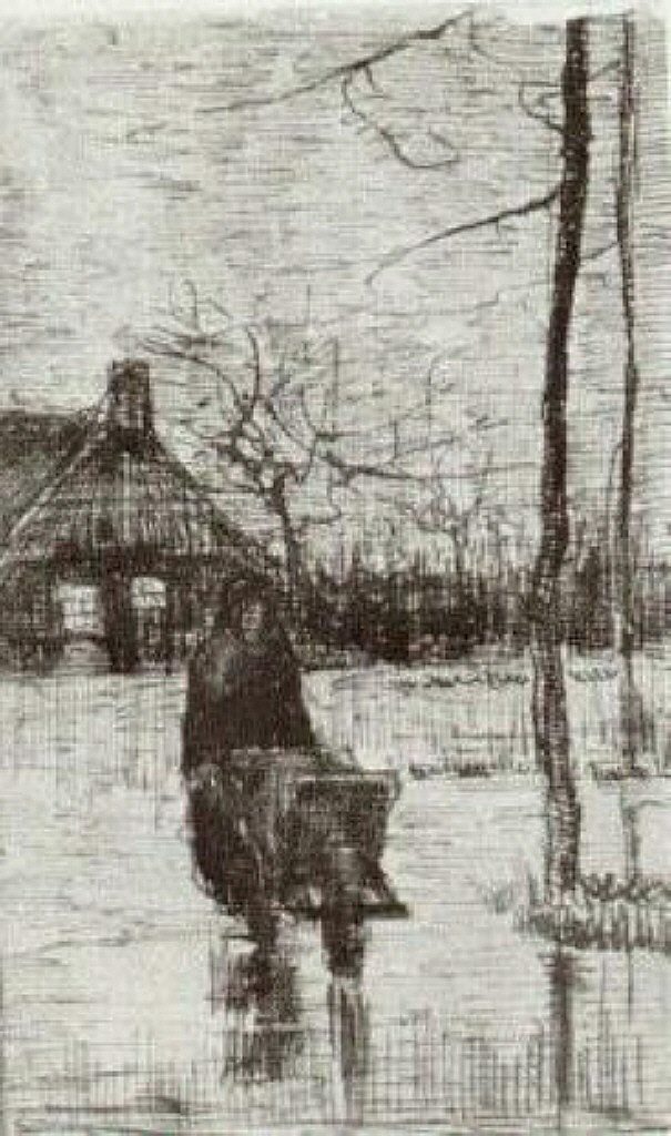 晚上推独轮车的女人 Woman with Wheelbarrow at Night (1884; Nunen / Nuenen,Netherlands  )，文森特·梵高