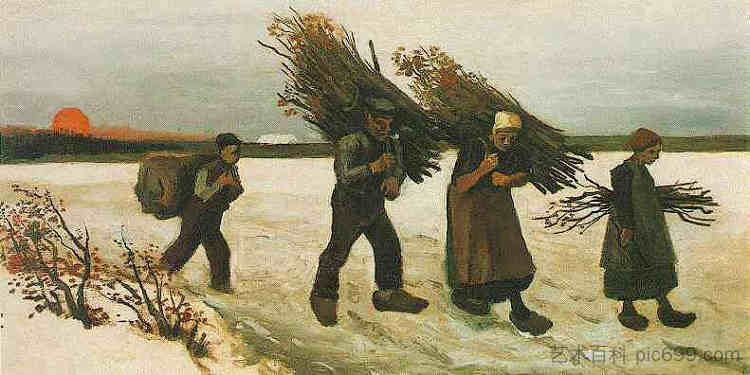 雪中的采柴人 Wood Gatherers In The Snow (1884; Nunen / Nuenen,Netherlands  )，文森特·梵高