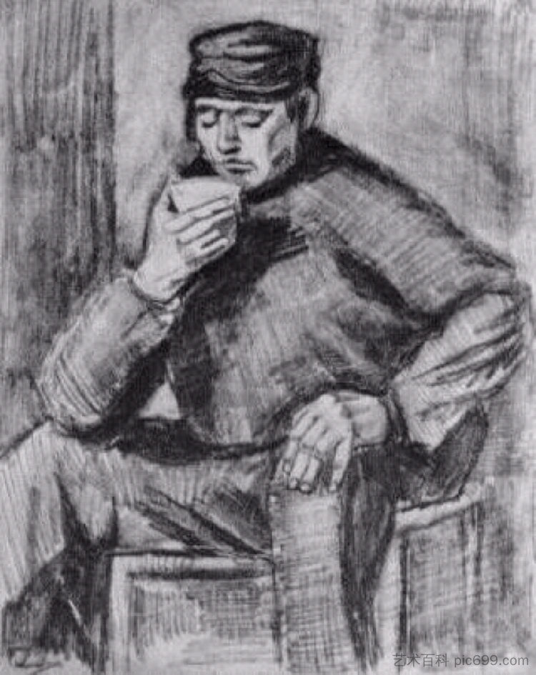 年轻人，手里拿着杯子，半身坐着 Young Man, Sitting with a Cup in his Hand, Half-Length (1883; Haag / Den Haag / La Haye / The Hague,Netherlands  )，文森特·梵高